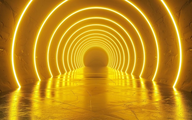 Un espace captivant en forme de tunnel entouré d'arches concentriques de lumière jaune chaude rayonnante créant une atmosphère hypnotisante d'un autre monde