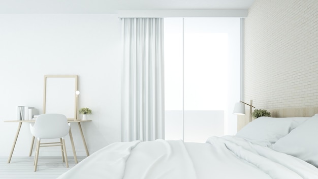 L'espace de chambre minimaliste intérieur en copropriété et décoration fond blanc