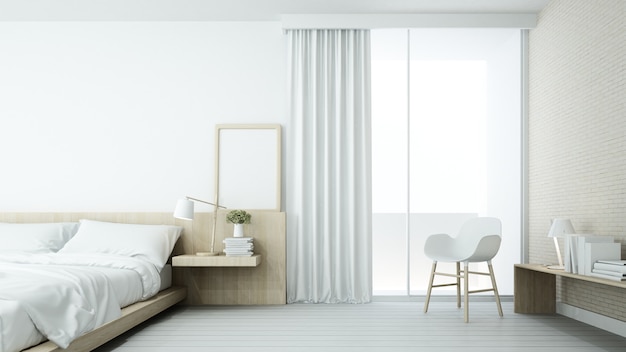 L'espace de chambre minimaliste intérieur en copropriété et décoration fond blanc