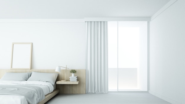 L'espace de chambre minimaliste intérieur en copropriété et décoration fond blanc