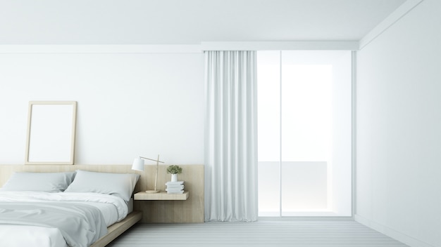 L&#39;espace de chambre minimaliste intérieur en copropriété et décoration fond blanc