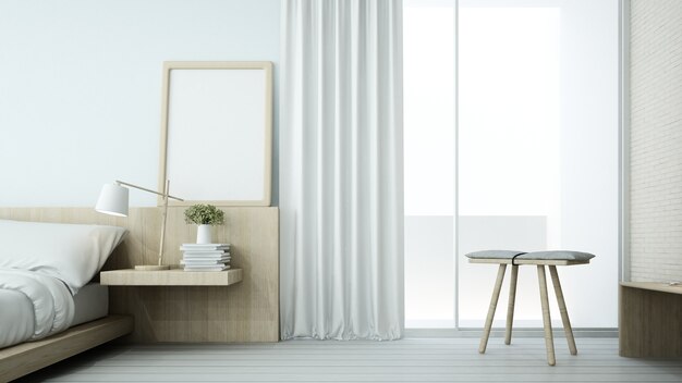 L'espace de chambre minimaliste intérieur en copropriété et décoration fond blanc