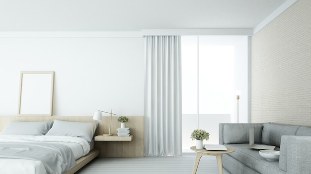 L'espace de chambre minimaliste intérieur en copropriété et décoration fond blanc