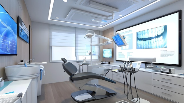 Espace de clinique dentaire de pointe avec des écrans interactifs d'éducation des patients promouvant des soins de santé buccale proactifs