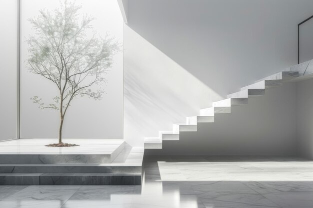 Un espace contemporain serein avec un escalier minimaliste et un arbre solitaire éclairé par la lumière naturelle d'une grande fenêtre