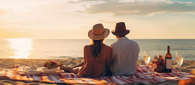 Espace de copie disponible pour un moment tendre alors qu'un couple heureux profite d'un pique-nique romantique sur la plage avec du vin
