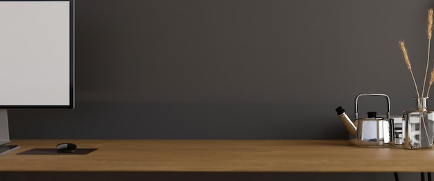 Un espace de copie sur un espace de travail de table en bois moderne avec des accessoires sur fond gris rendu 3d