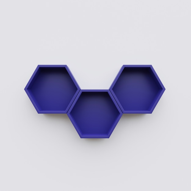 Espace copie étagère hexagone bleu, rendu 3d hexagone