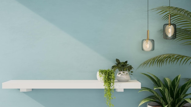 Un espace de copie sur une étagère murale blanche moderne avec un décor minimal de plantes et un mur bleu élégant