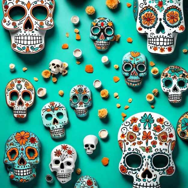 Espace de copie pour le texte droit jour des morts dia de muertos sur fond de couleur aigue-marine