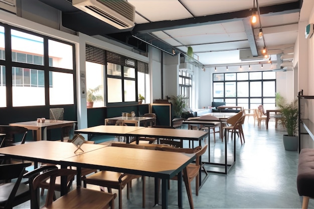 Espace de coworking en milieu urbain entouré de cafés et de restaurants créés avec l'IA générative