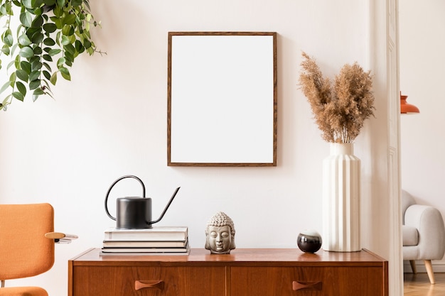 Espace élégant et rétro de l'intérieur de la maison avec cadre d'affiche maquette, armoire vintage avec accessoires rétro, fleurs séchées dans un vase, plantes. Décor à la maison neutre. Modèle.