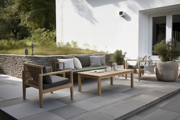Espace extérieur d'inspiration scandinave avec un mobilier élégant et des accents de pierre naturelle