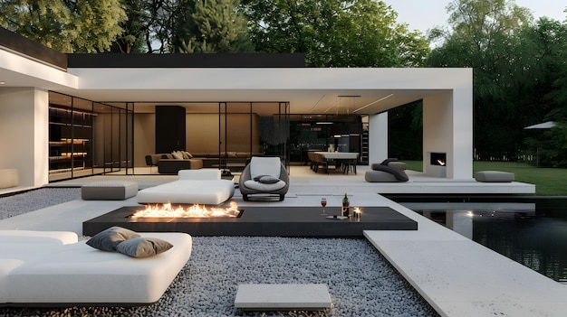 Espace extérieur minimaliste avec une cheminée moderne et une zone de sièges