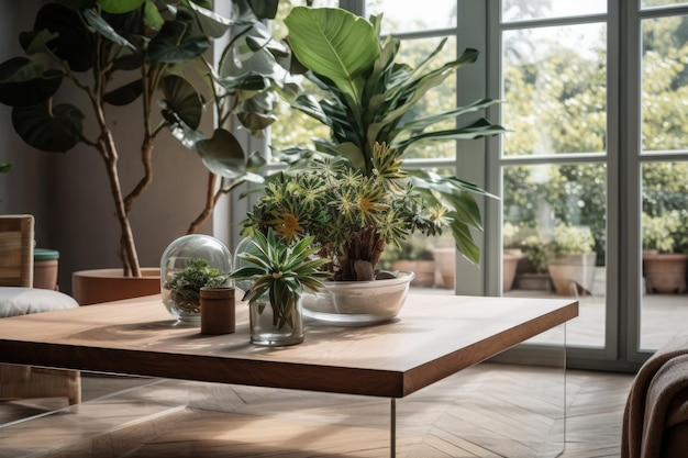 L'espace extérieur et la table basse sont décorés de petites plantes