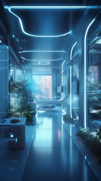 Photo un espace futuriste avec une plante verte au milieu et un bâtiment avec une lumière bleue au plafond.