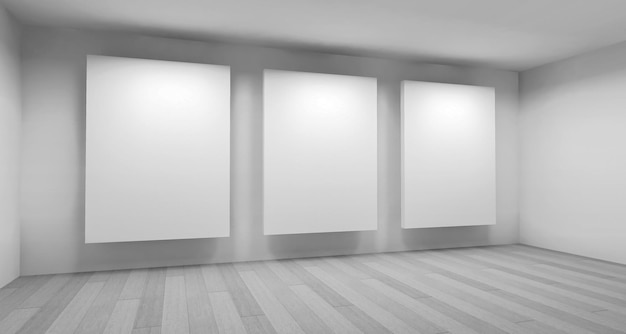 Photo espace de galerie d'art propre avec des cadres vierges sur le mur, salle blanche avec des formes en 3d, espace d'affaires et travail