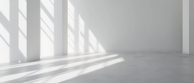 Un espace de galerie blanc moderne avec la lumière du soleil et les ombres