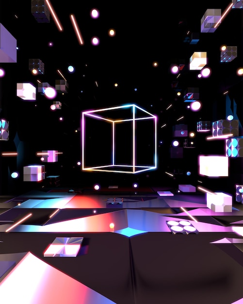 Espace géométrique néon rendu 3D avec des stries lumineuses de sphères de cubes et un grand carré lumineux