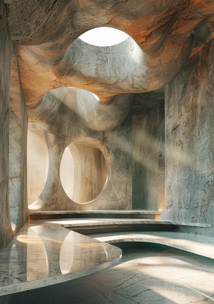 Photo espace intérieur en pierre futuriste avec une architecture abstraite