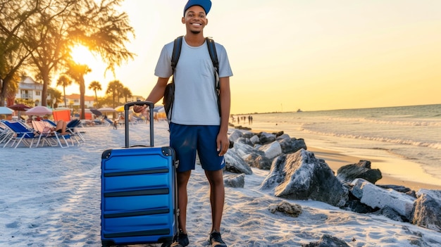 espace libre dans le coin gauche pour la bannière du titre avec un angle de vue bas homme tenant une valise de voyage