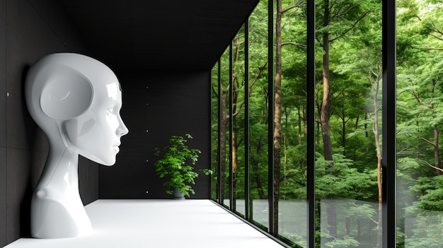 espace libre dans le coin gauche pour la bannière du titre avec une tête robotique minimale en arrière-plan forestier