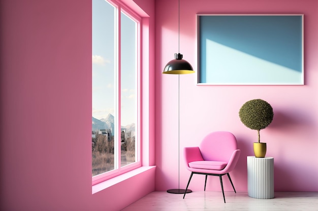 Un espace maison contemporain décoré d'un mur rose une lampe pour la chaise et une vue sur la fenêtre