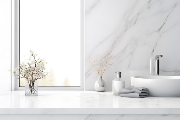 Espace de maquette pour le montage du produit sur une table en marbre blanc avec un intérieur de salle de bain blanc.