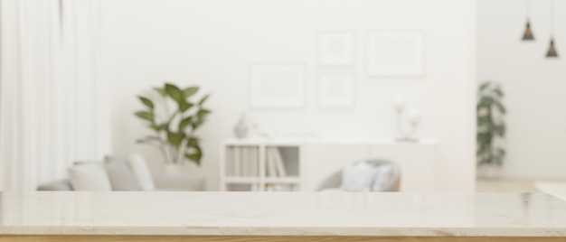 Espace de maquette sur une table en marbre blanc moderne sur fond de salon blanc flou