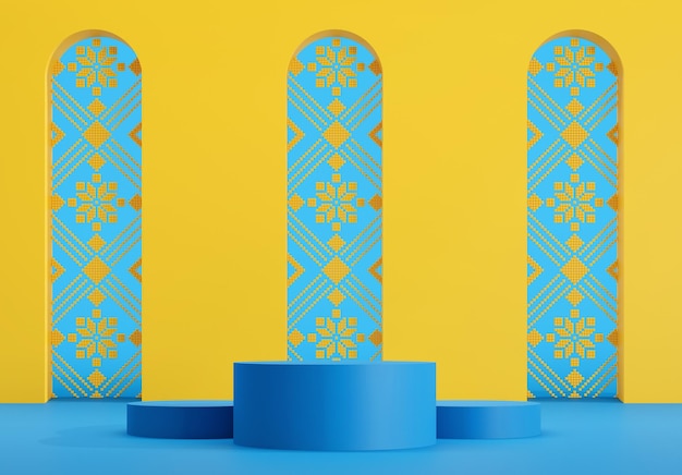 Espace maquette vide bleu jaune avec plates-formes et ornements ukrainiens rendu 3d
