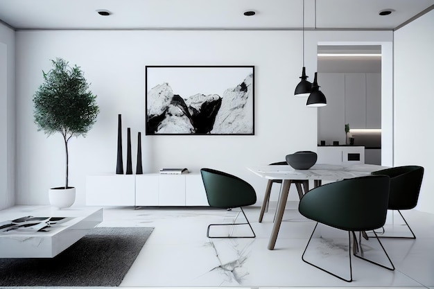 Espace ouvert minimaliste à la mode avec un mobilier élégant et des lignes épurées créées avec une IA générative