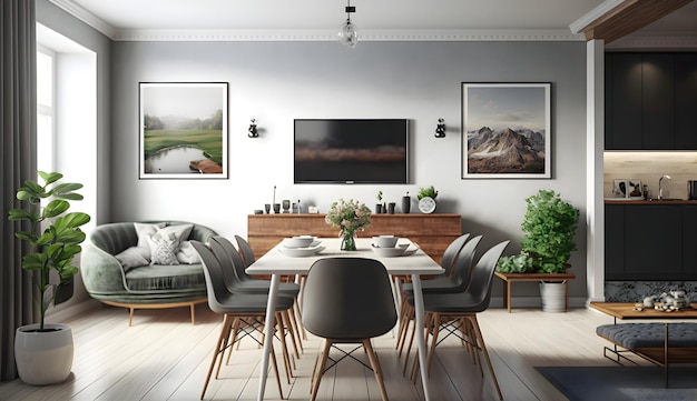 Espace ouvert salon et salle à manger intérieur avec télévision à écran plat canapé gris et table en bois avec chaises tendance générative ai