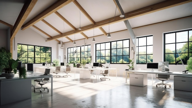 Espace ouvert de style loft ecooffice dans un plafond de bâtiment moderne avec poutres apparentes tables avec chaises bureau c