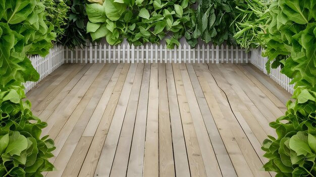 Espace de plancher en bois vide avec des feuilles de jardin vertes espace d'exposition de produits avec du vert frais