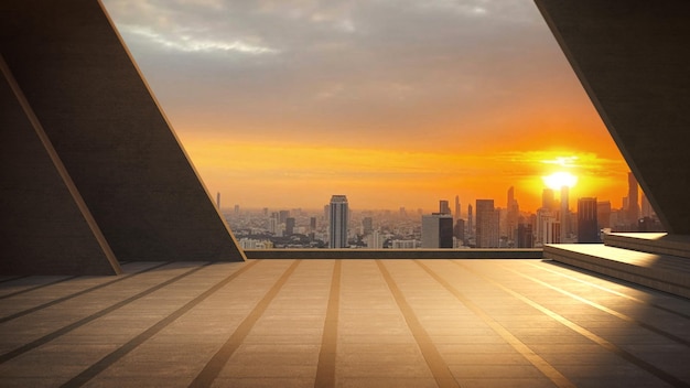 Photo l'espace de pont pour les vitrines de produits sur le pont avec le ciel coucher de soleil