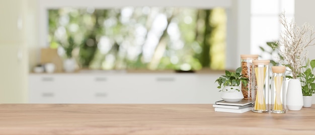 Un espace de présentation sur une table de cuisine en bois dans une cuisine minimaliste moderne