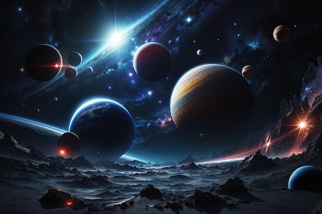 Espace profond sombre avec des planètes géantes dans l'espace