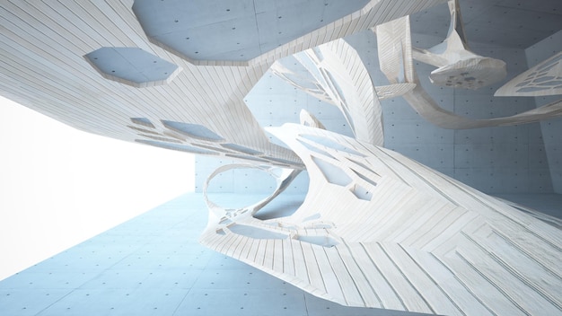 Espace public abstrait intérieur en béton et en bois à plusieurs niveaux avec fenêtre illustration 3D et rendu
