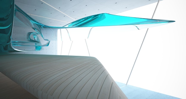 Espace public abstrait intérieur en béton et en bois à plusieurs niveaux avec fenêtre illustration 3D et rendu