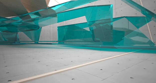 Espace public abstrait intérieur en béton et en bois à plusieurs niveaux avec fenêtre illustration 3D et rendu