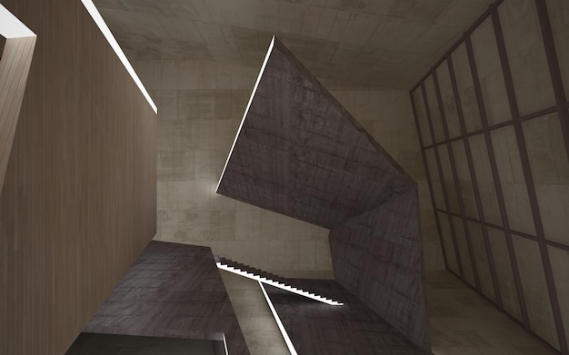 Espace public abstrait intérieur en béton et en bois à plusieurs niveaux avec illustration 3D d'éclairage au néon