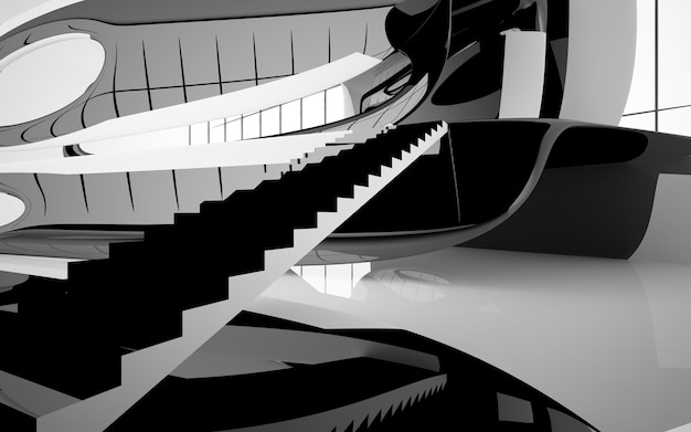 Espace public abstrait intérieur blanc et noir à plusieurs niveaux avec fenêtre illustration 3D