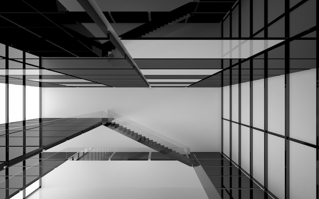 Espace public abstrait intérieur blanc et noir à plusieurs niveaux avec fenêtre. Illustration et rendu 3D