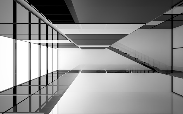 Espace public abstrait intérieur blanc et noir à plusieurs niveaux avec fenêtre. Illustration et rendu 3D