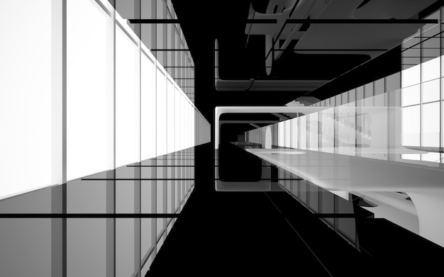 Espace public abstrait intérieur blanc et noir à plusieurs niveaux avec fenêtre. Illustration et rendu 3D
