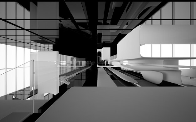 Espace public abstrait intérieur blanc et noir à plusieurs niveaux avec fenêtre. Illustration et rendu 3D