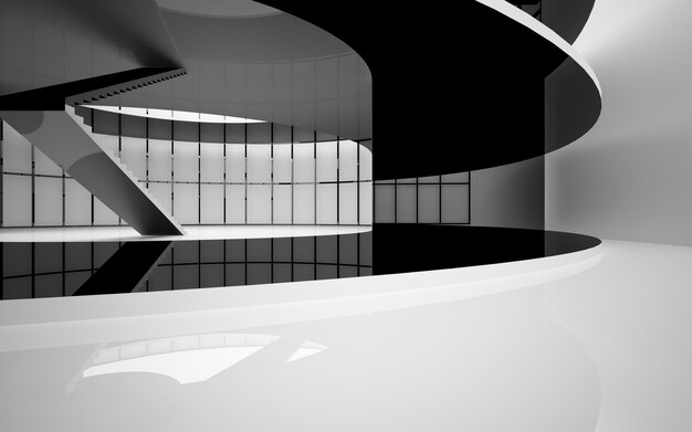 Espace public abstrait intérieur blanc et noir à plusieurs niveaux avec illustration et rendu 3D de fenêtre