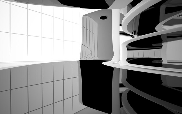 Espace public abstrait intérieur blanc et noir à plusieurs niveaux avec illustration et rendu 3D de fenêtre