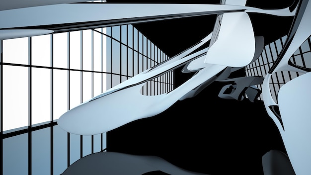 Espace public abstrait intérieur blanc et noir à plusieurs niveaux avec illustration et rendu 3D de fenêtre
