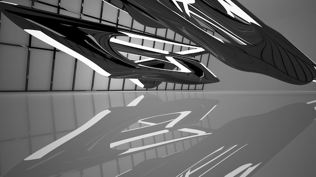 Espace public abstrait intérieur blanc et noir à plusieurs niveaux avec illustration et rendu 3D de fenêtre